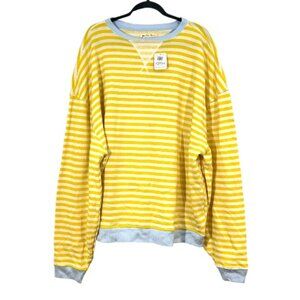 We The Free People Classic Stripe Crew Terry Sweatshirt Yellow / White Large New